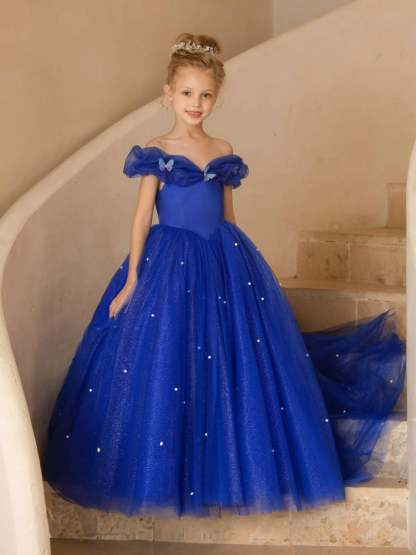 Floor-length A-line Princess Flower Girl Dress with Pearls Off-the-shoulder Short Sleeves