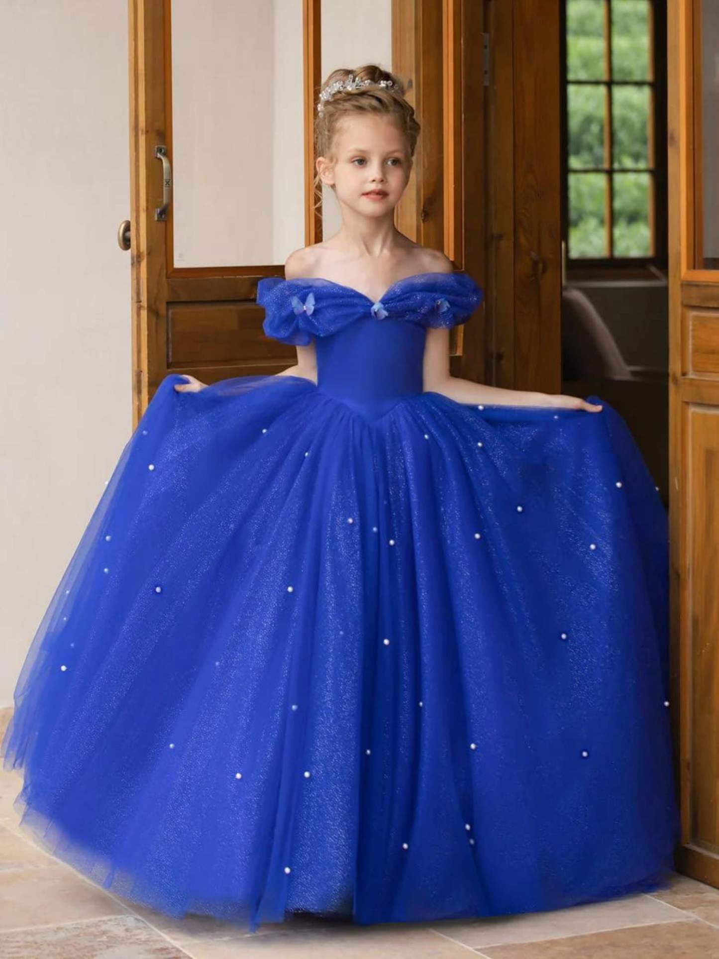 Floor-length A-line Princess Flower Girl Dress with Pearls Off-the-shoulder Short Sleeves
