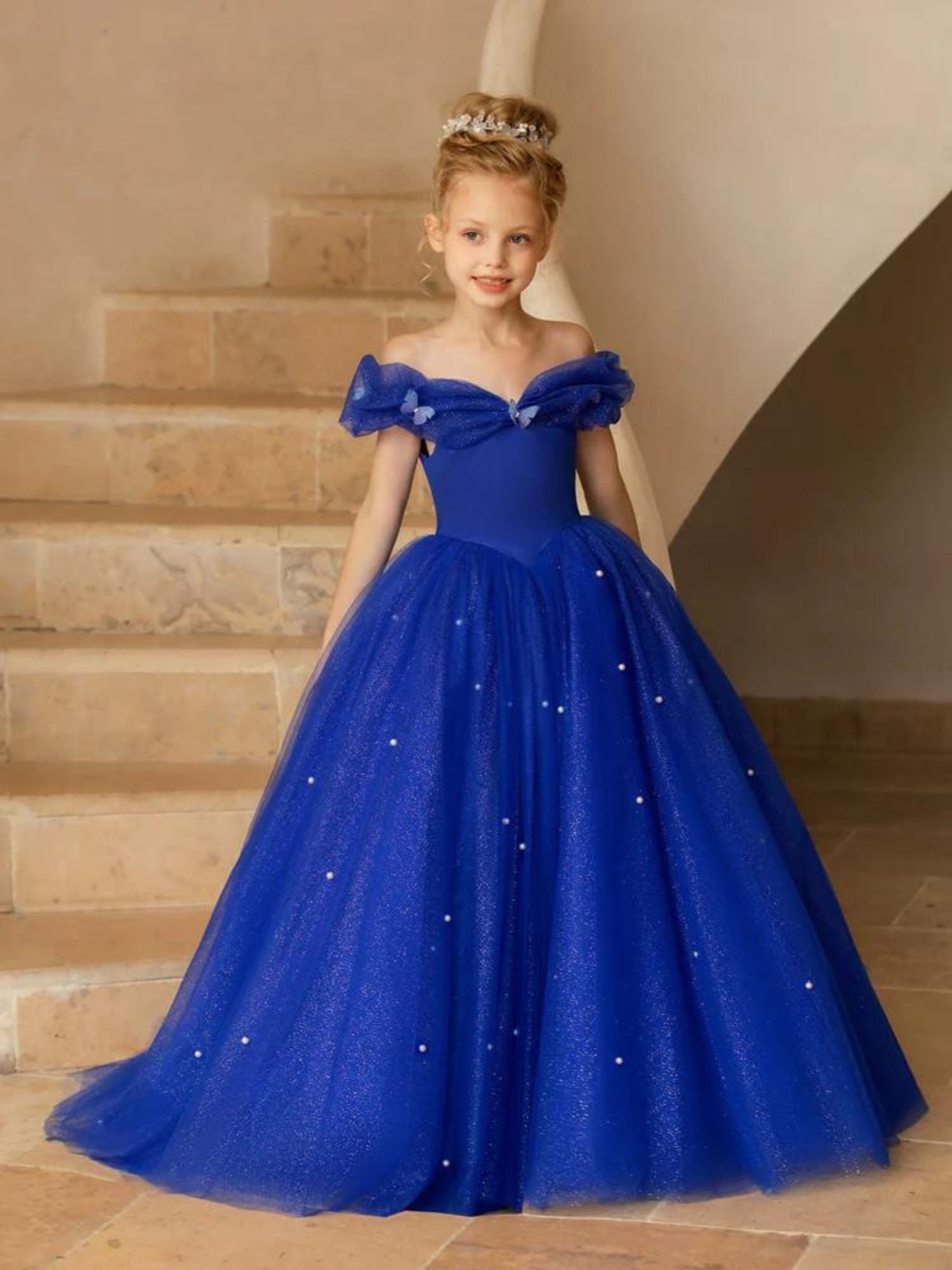 Floor-length A-line Princess Flower Girl Dress with Pearls Off-the-shoulder Short Sleeves