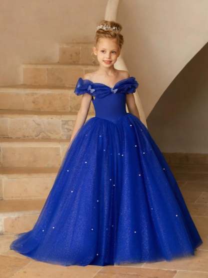 Floor-length A-line Princess Flower Girl Dress with Pearls Off-the-shoulder Short Sleeves