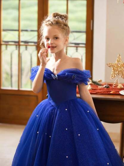 Floor-length A-line Princess Flower Girl Dress with Pearls Off-the-shoulder Short Sleeves