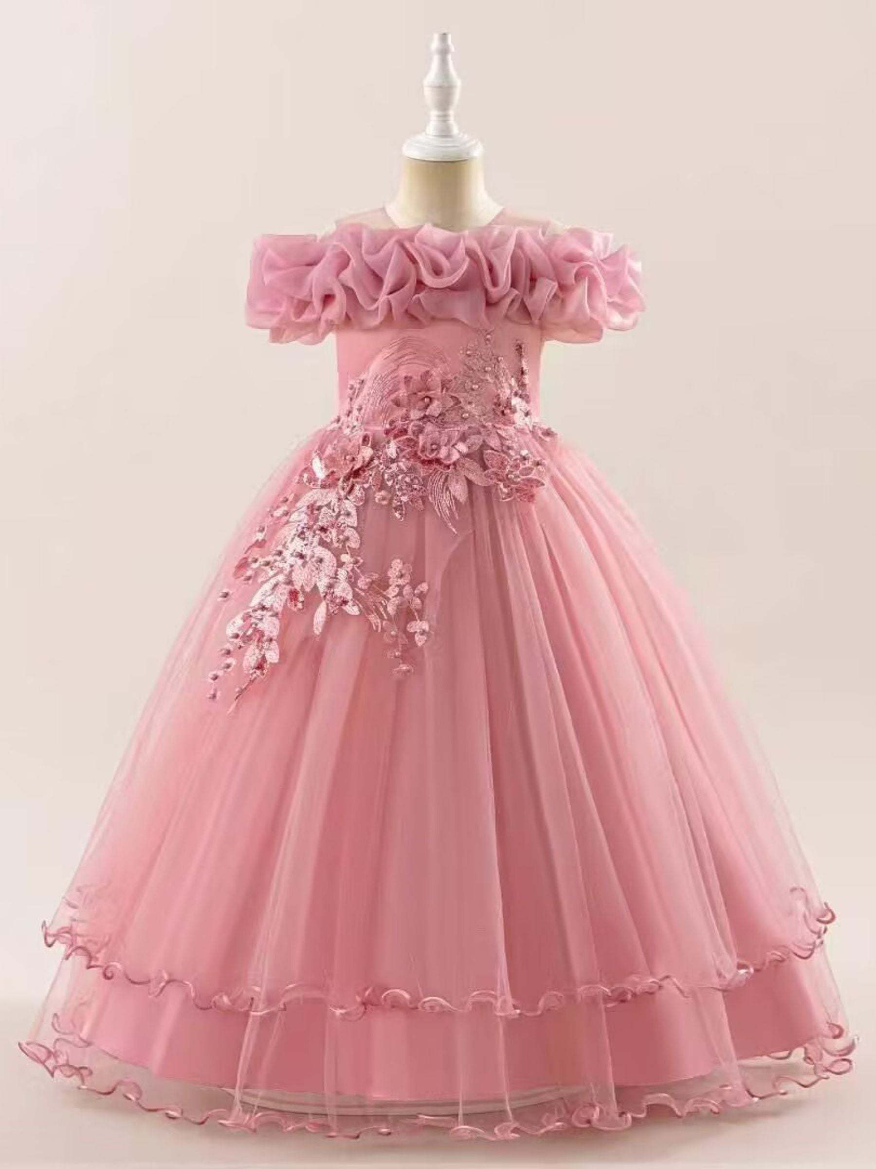 Sleeveless Off-the-Shoulder Flower Girl Ball Gowns Featuring Appliques and Embroidery