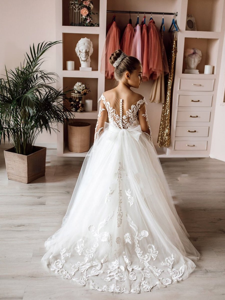 White Tulle Flower Girl Dresses with Lace Appliques and Long-Sleeve Ball Gowns