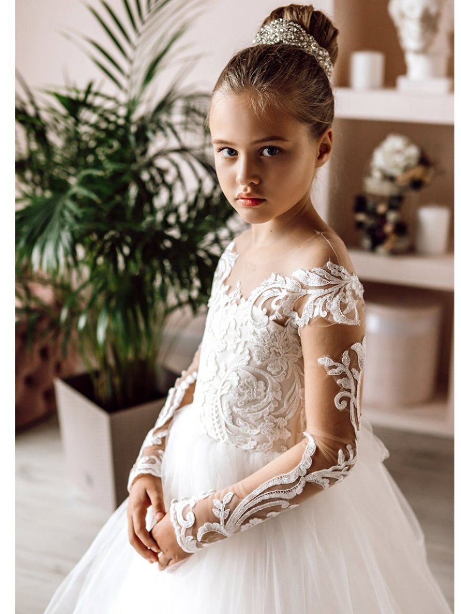 White Tulle Flower Girl Dresses with Lace Appliques and Long-Sleeve Ball Gowns