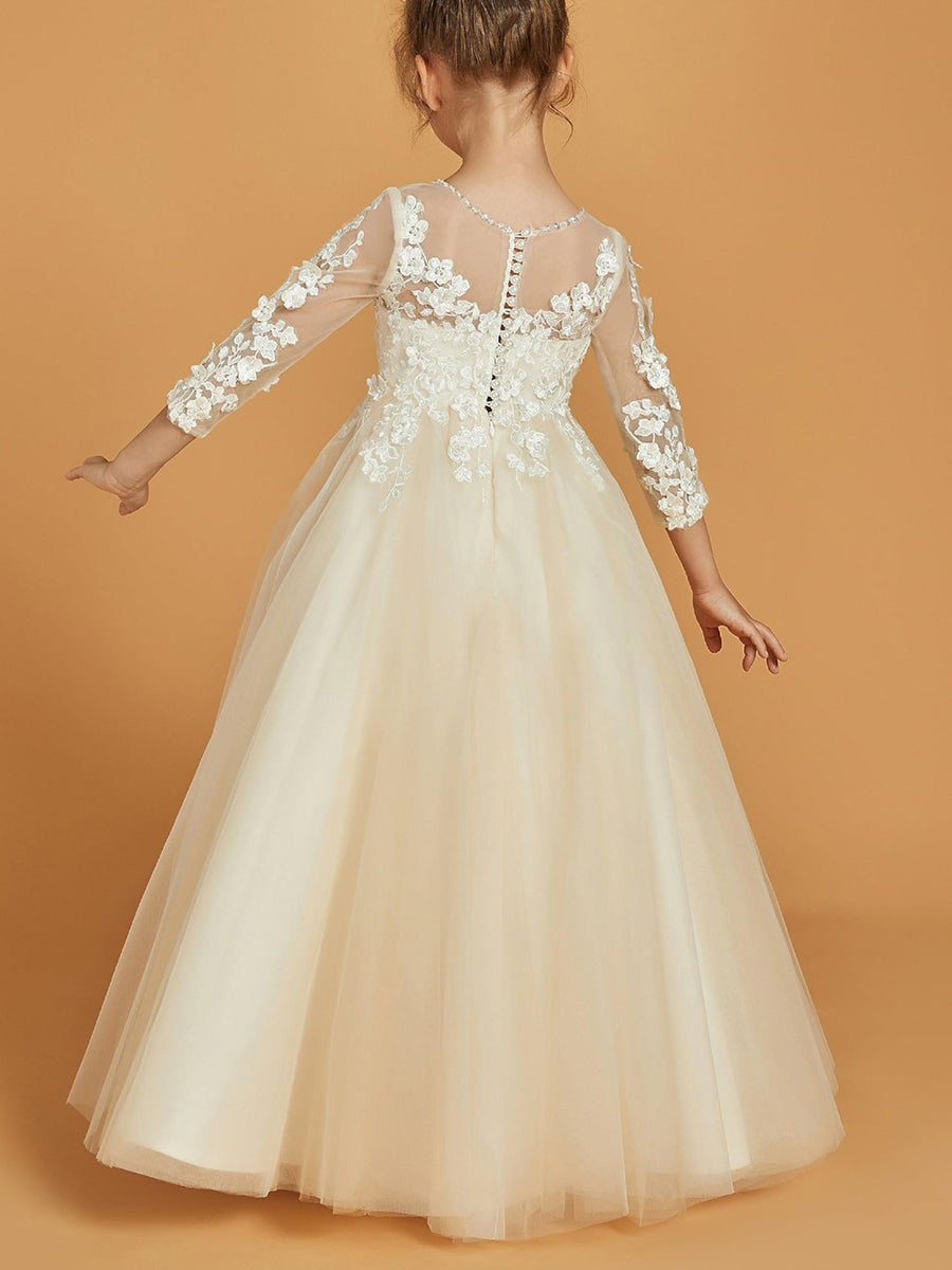 Flower Girl Dresses with 3/4 Sleeves A-Line/Princess Cut Scoop Neck Appliques & Pearl