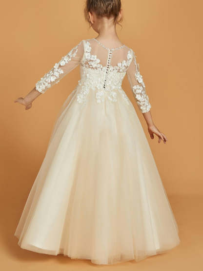 Flower Girl Dresses with 3/4 Sleeves A-Line/Princess Cut Scoop Neck Appliques & Pearl