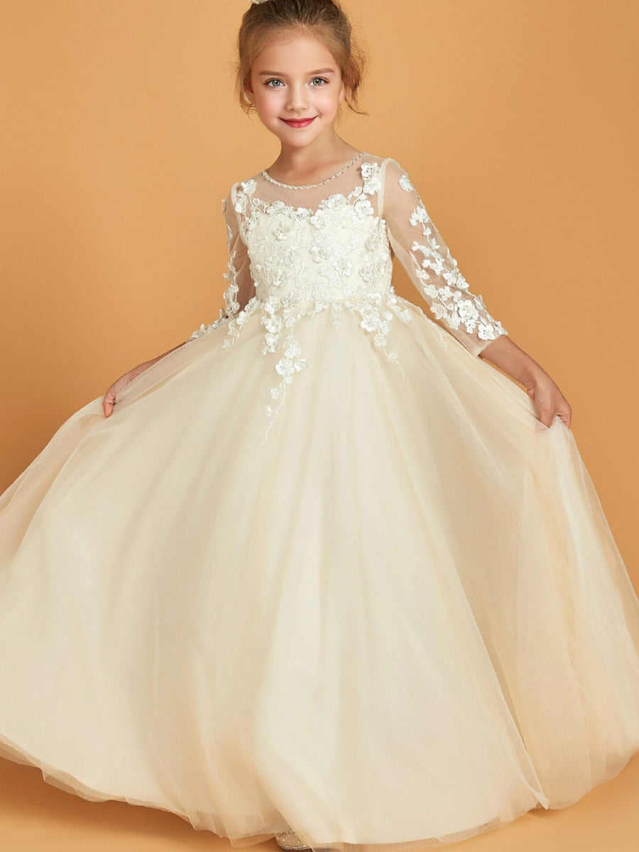 Flower Girl Dresses with 3/4 Sleeves A-Line/Princess Cut Scoop Neck Appliques & Pearl