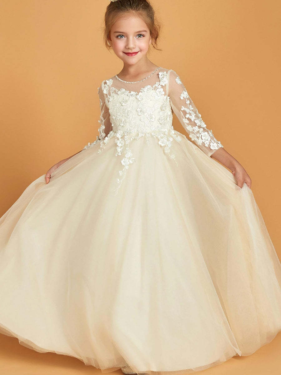 Flower Girl Dresses with 3/4 Sleeves A-Line/Princess Cut Scoop Neck Appliques & Pearl