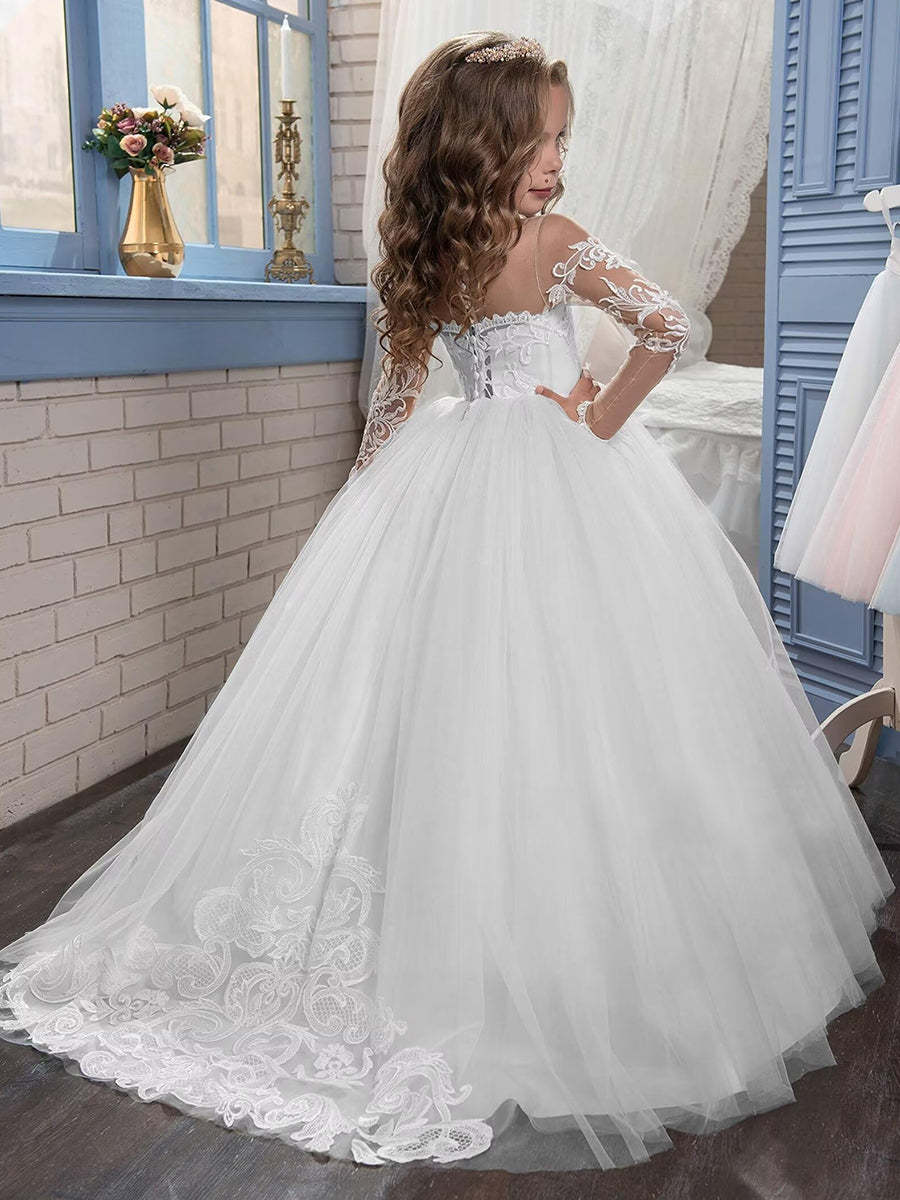 Sweetheart Princess A-Line Flower Girl Dresses with Long Sleeves and Appliques
