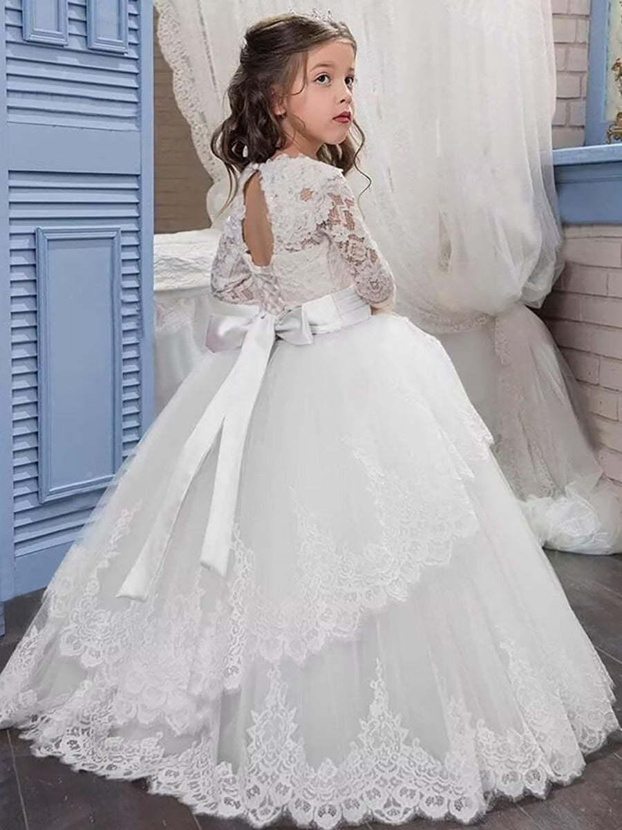 Flower Girl Dresses with Scoop Neck Long Sleeves and Lace Appliques & Bow