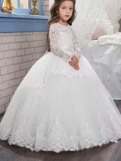 Flower Girl Dresses with Scoop Neck Long Sleeves and Lace Appliques & Bow