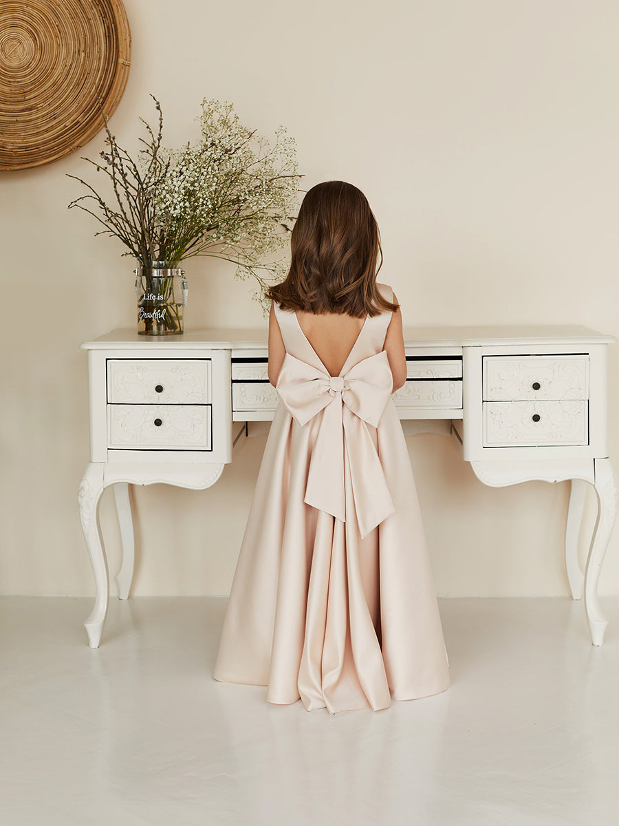 Sleeveless Satin Flower Girl Dress with Round Neck A-Line Cut Open Back and Bow