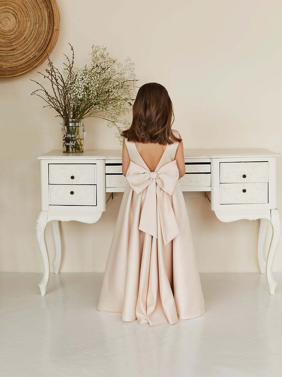 Sleeveless Satin Flower Girl Dress with Round Neck A-Line Cut Open Back and Bow