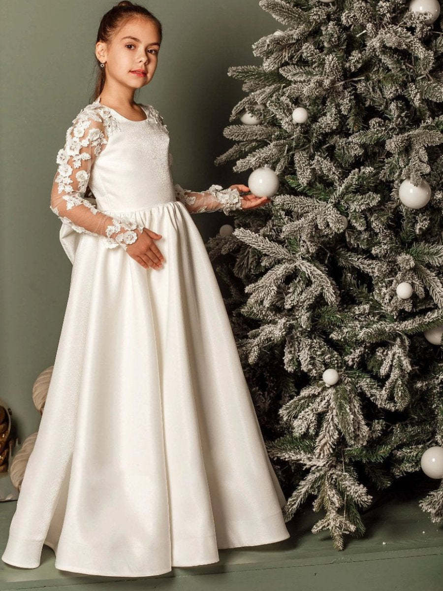 Flower Girl Dresses with Appliques: A-Line Princess Cut Round Neck Long Sleeves