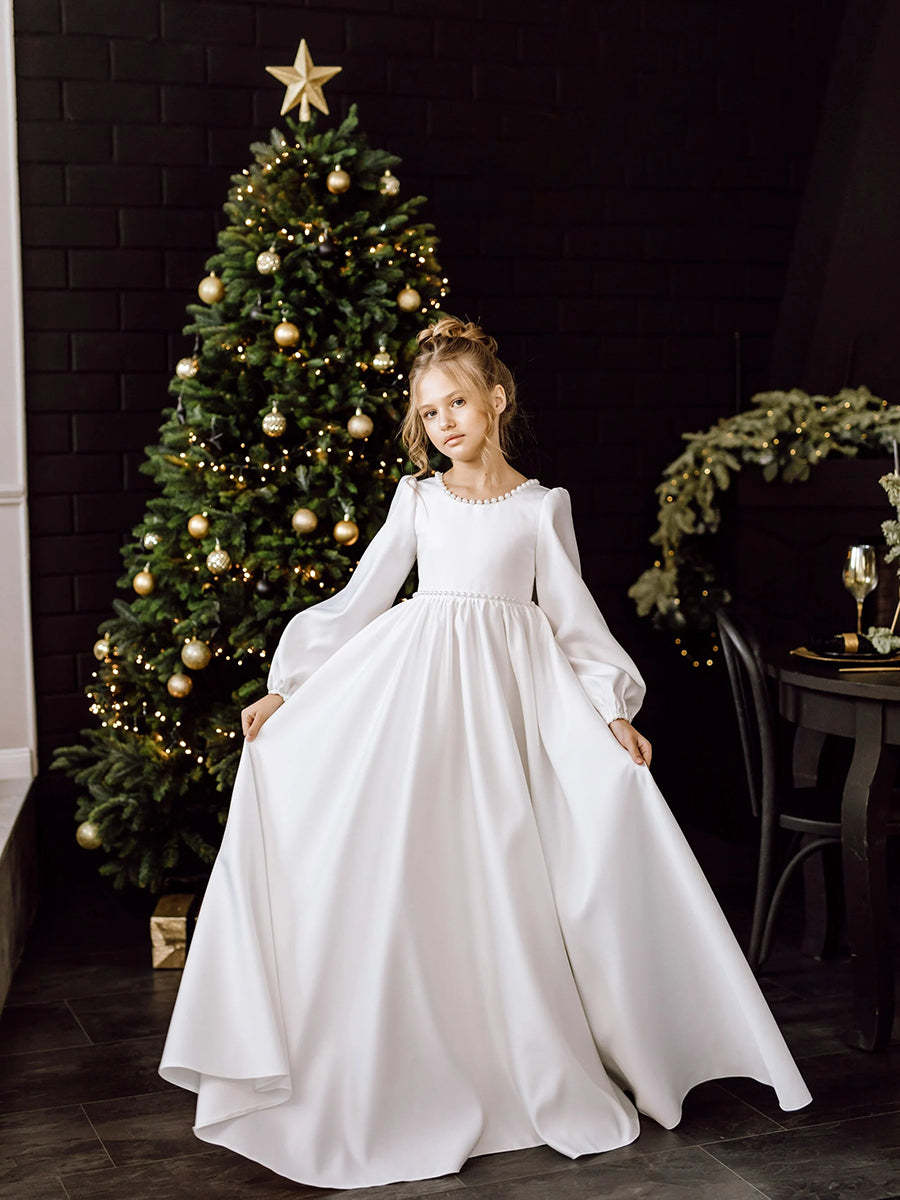 Princess A-Line Flower Girl Dresses with Long Sleeves Round Neck Pearl & Bow