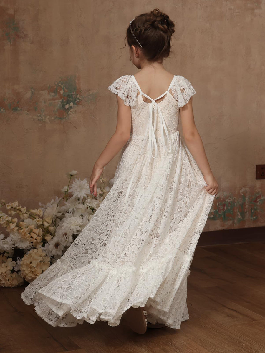 Floor-Length Flower Girl Dresses with Lace Appliques in A-Line and Princess Square Neck Styles