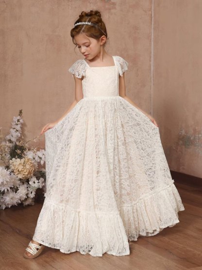 Floor-Length Flower Girl Dresses with Lace Appliques in A-Line and Princess Square Neck Styles