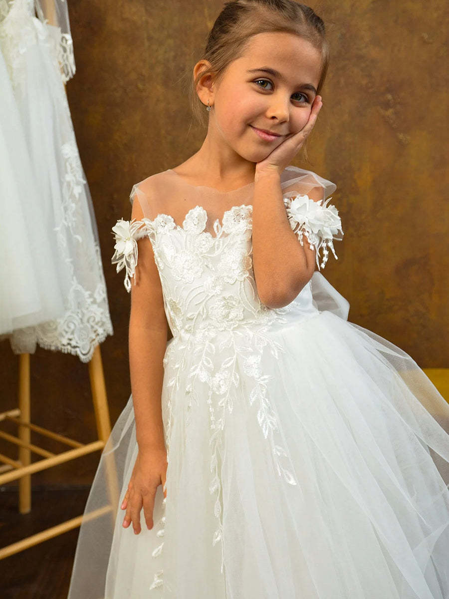 Sleeveless Flower Girl Dresses with Appliques & Embroidery in A-Line/Princess Round Neck Style
