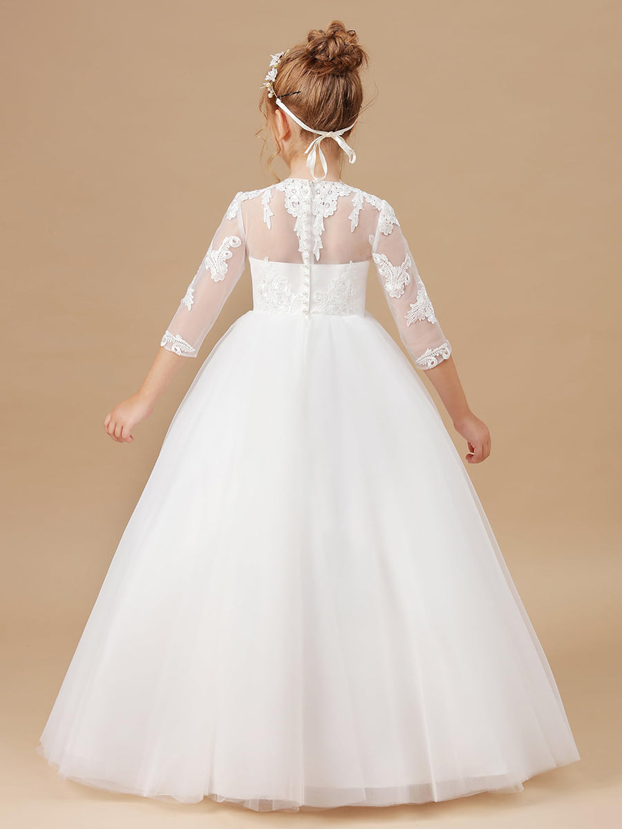 Floor-Length Flower Girl Dress with Appliques in A-Line/Princess Scoop and 3/4 Sleeves