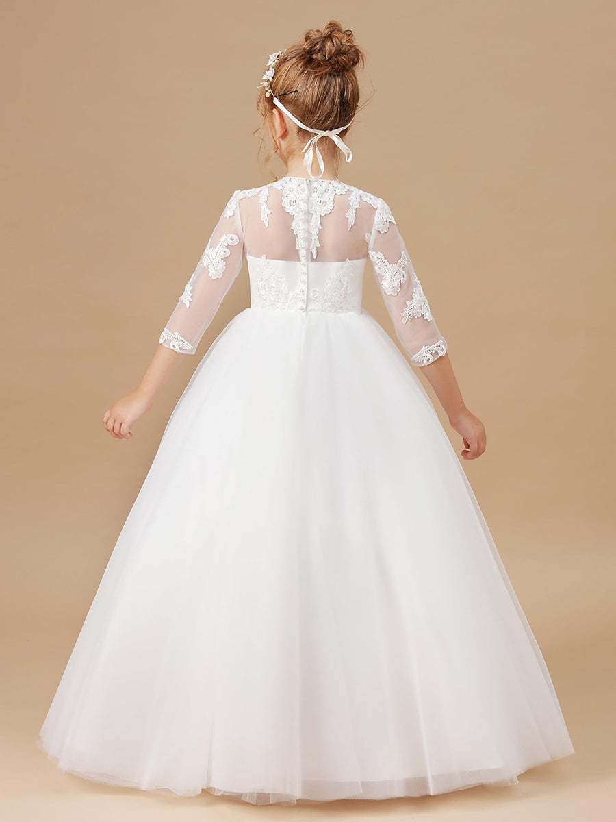 Floor-Length Flower Girl Dress with Appliques in A-Line/Princess Scoop and 3/4 Sleeves