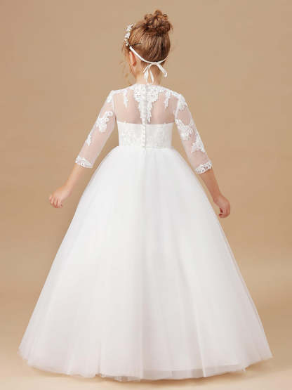 Floor-Length Flower Girl Dress with Appliques in A-Line/Princess Scoop and 3/4 Sleeves