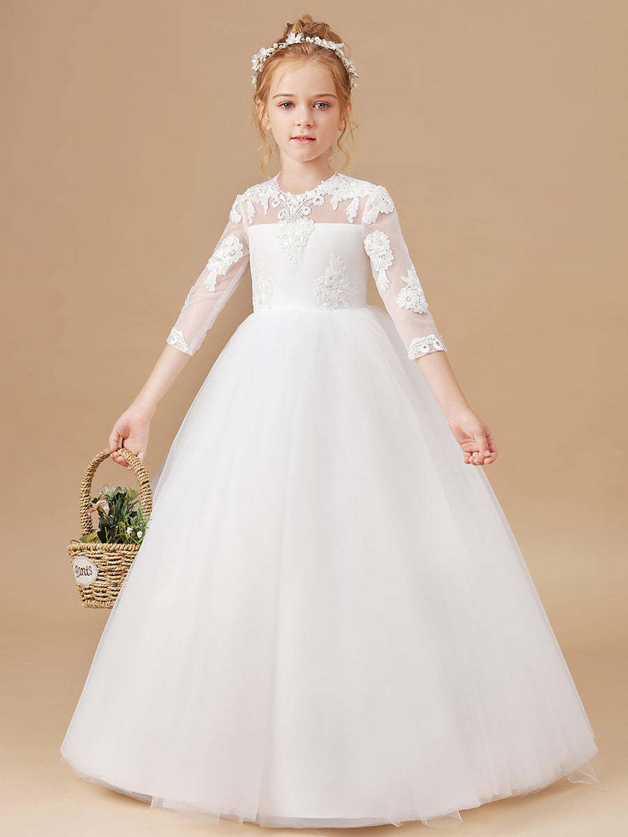 Floor-Length Flower Girl Dress with Appliques in A-Line/Princess Scoop and 3/4 Sleeves