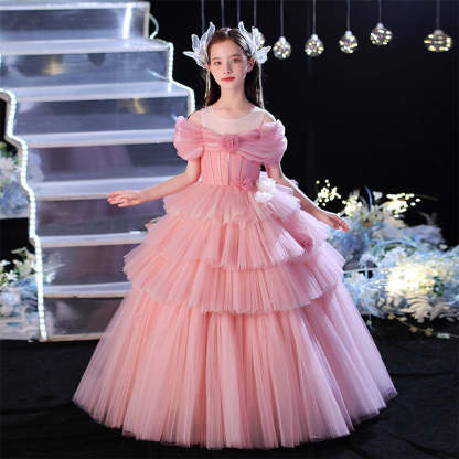 Off-the-shoulder Ball Gown with Floor-Length Layers Pleats and Flower for Flower Girls