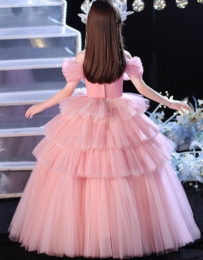 Off-the-shoulder Ball Gown with Floor-Length Layers Pleats and Flower for Flower Girls