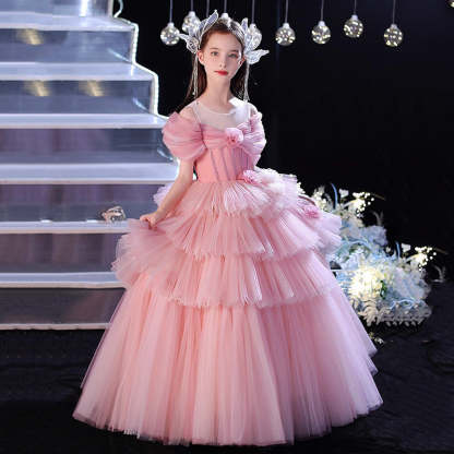 Off-the-shoulder Ball Gown with Floor-Length Layers Pleats and Flower for Flower Girls