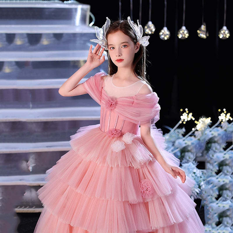 Off-the-shoulder Ball Gown with Floor-Length Layers Pleats and Flower for Flower Girls