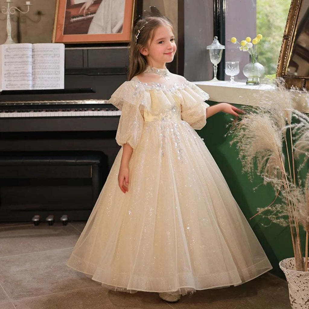 High Neck 3/4 Sleeve Lace Flower Girl Dress with Rhinestone Details in A-Line/Princess Cut