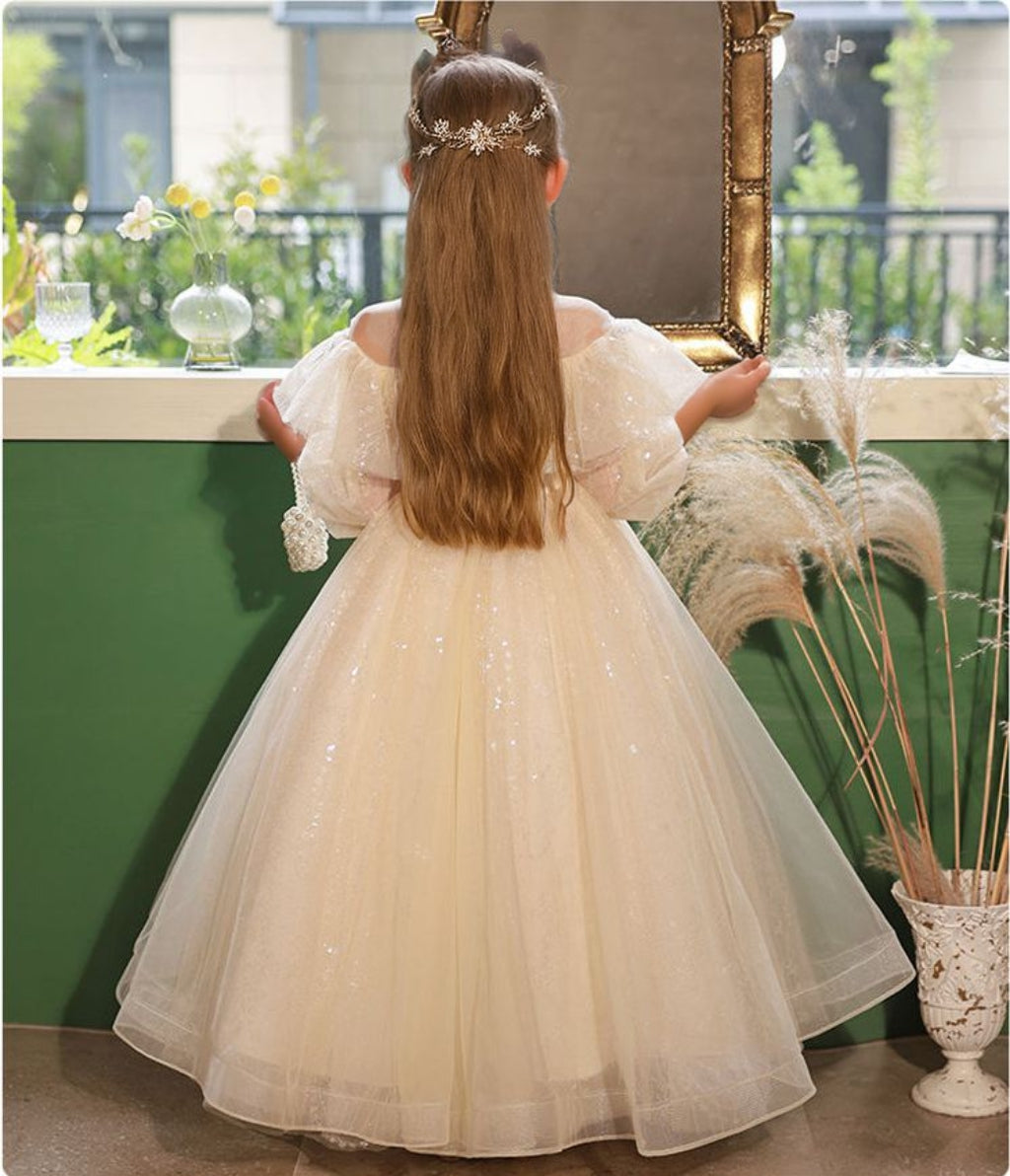 High Neck 3/4 Sleeve Lace Flower Girl Dress with Rhinestone Details in A-Line/Princess Cut
