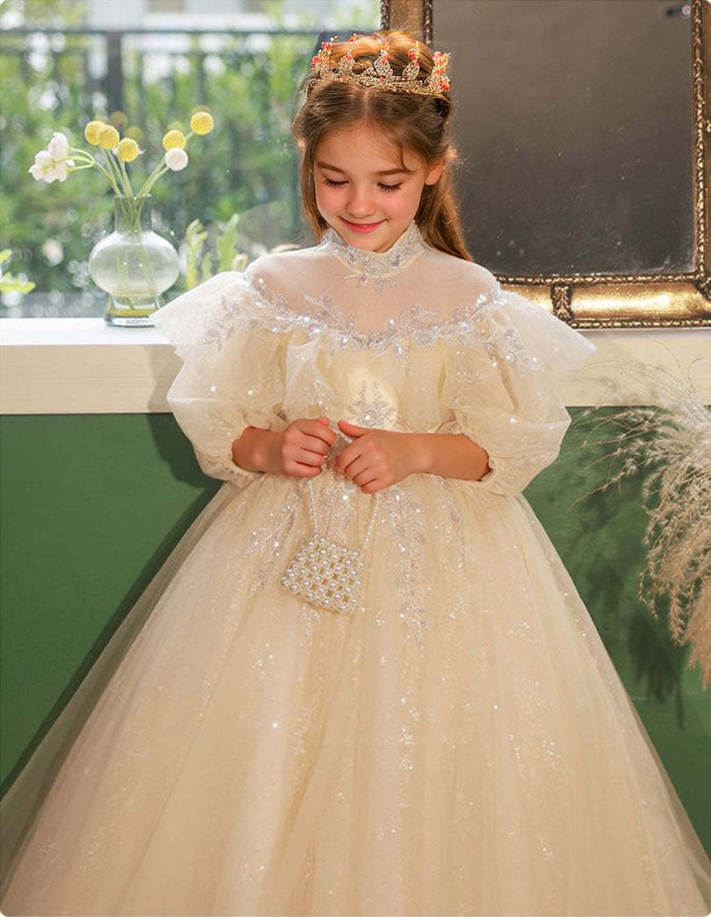 High Neck 3/4 Sleeve Lace Flower Girl Dress with Rhinestone Details in A-Line/Princess Cut