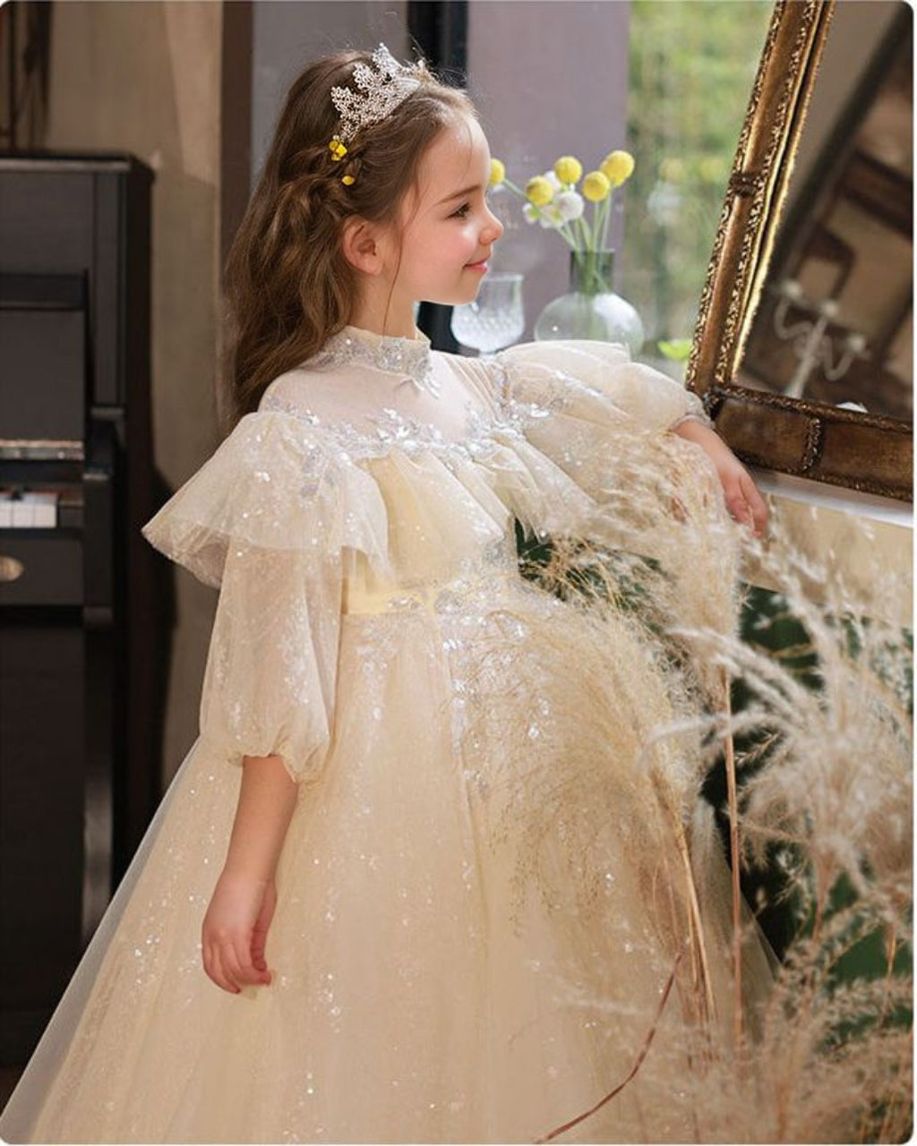 High Neck 3/4 Sleeve Lace Flower Girl Dress with Rhinestone Details in A-Line/Princess Cut
