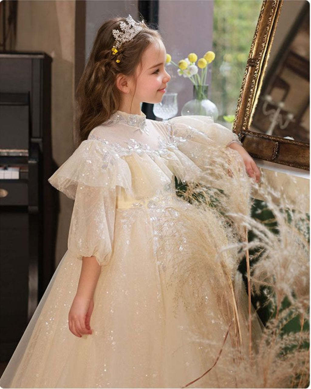 High Neck 3/4 Sleeve Lace Flower Girl Dress with Rhinestone Details in A-Line/Princess Cut