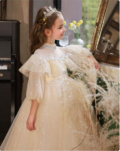 High Neck 3/4 Sleeve Lace Flower Girl Dress with Rhinestone Details in A-Line/Princess Cut