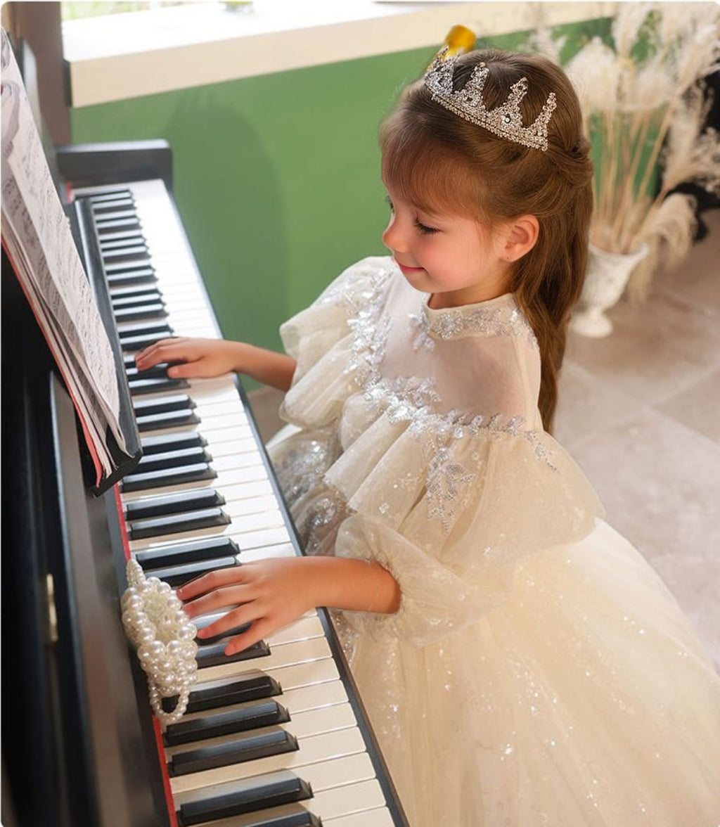 High Neck 3/4 Sleeve Lace Flower Girl Dress with Rhinestone Details in A-Line/Princess Cut