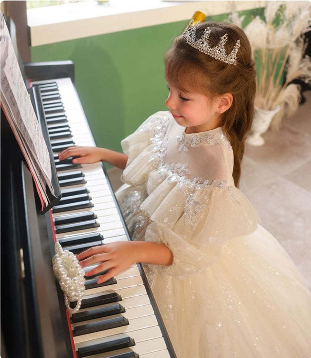 High Neck 3/4 Sleeve Lace Flower Girl Dress with Rhinestone Details in A-Line/Princess Cut