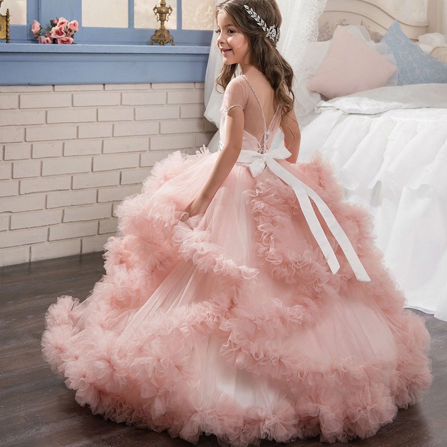 Flower Girl Dresses with Layered Ruffle and Rhinestone Ball Gown