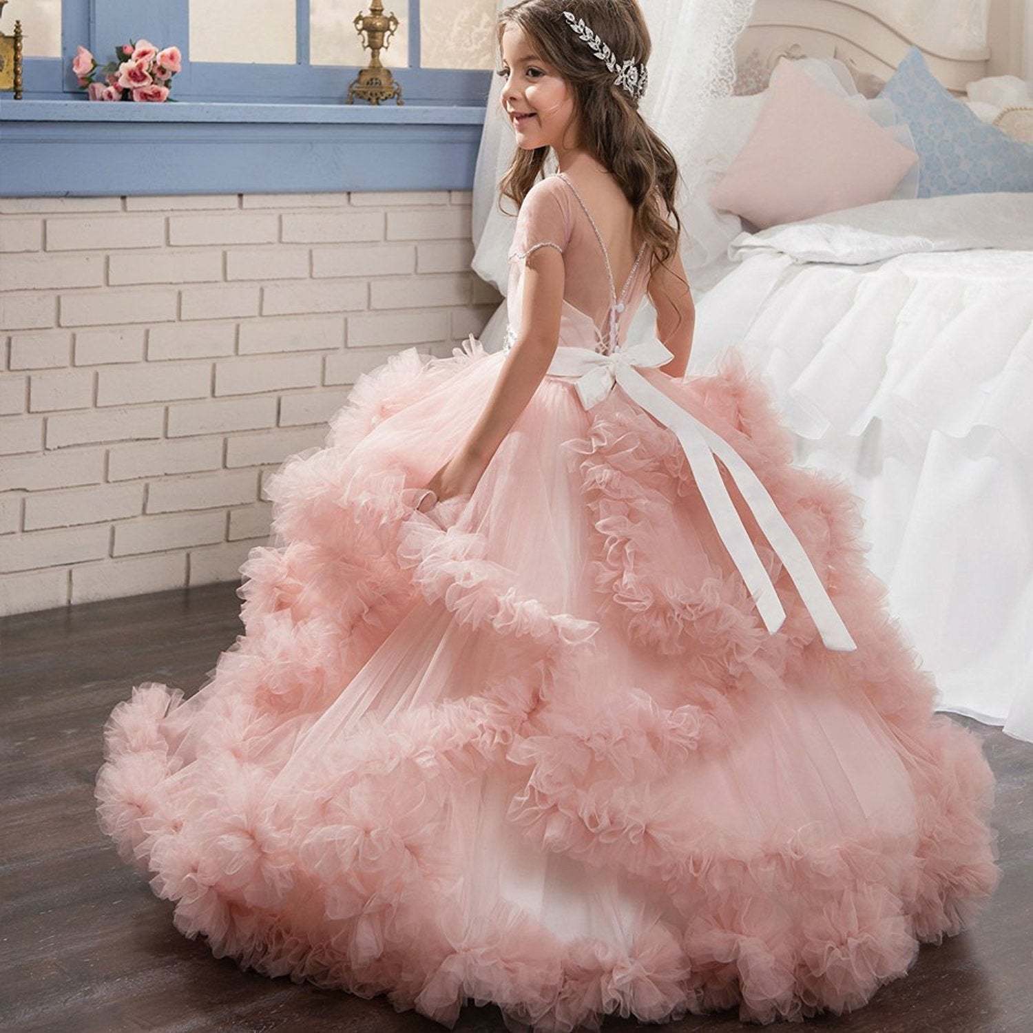 Flower Girl Dresses with Layered Ruffle and Rhinestone Ball Gown