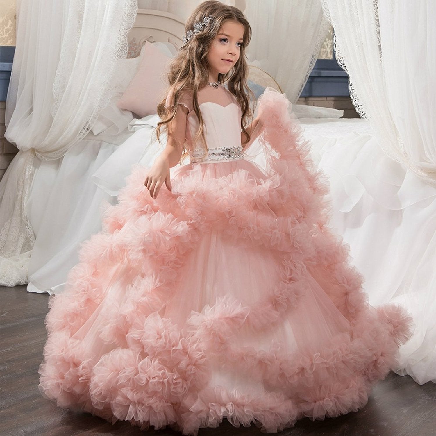 Flower Girl Dresses with Layered Ruffle and Rhinestone Ball Gown