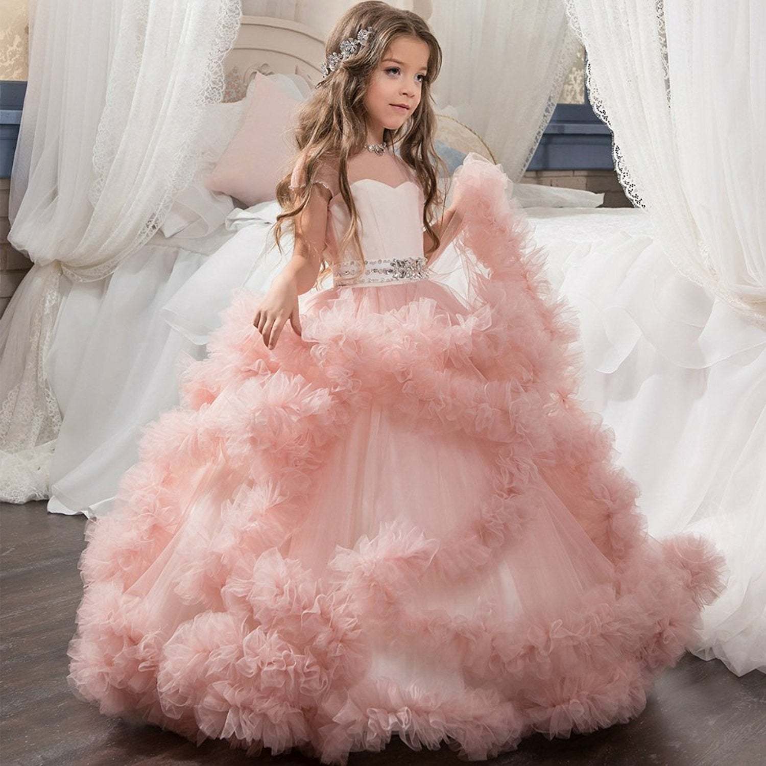 Flower Girl Dresses with Layered Ruffle and Rhinestone Ball Gown