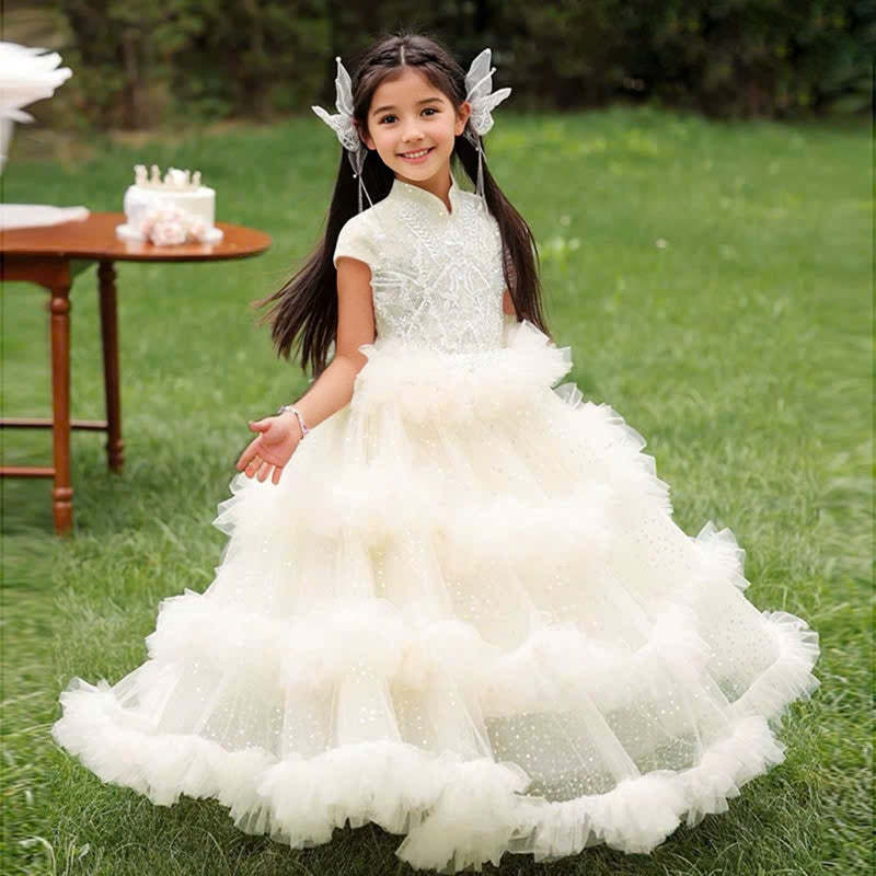 Short Sleeve Ruffled Ball Gown with Rhinestones for Girls High Neck Party Dress