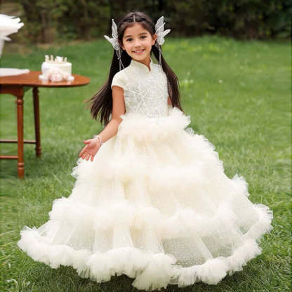 Short Sleeve Ruffled Ball Gown with Rhinestones for Girls High Neck Party Dress