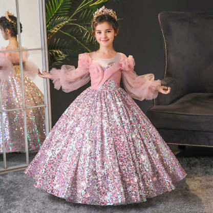 Round Neck Long Sleeve Ball Gown with Ruffles for Flower Girl Parties