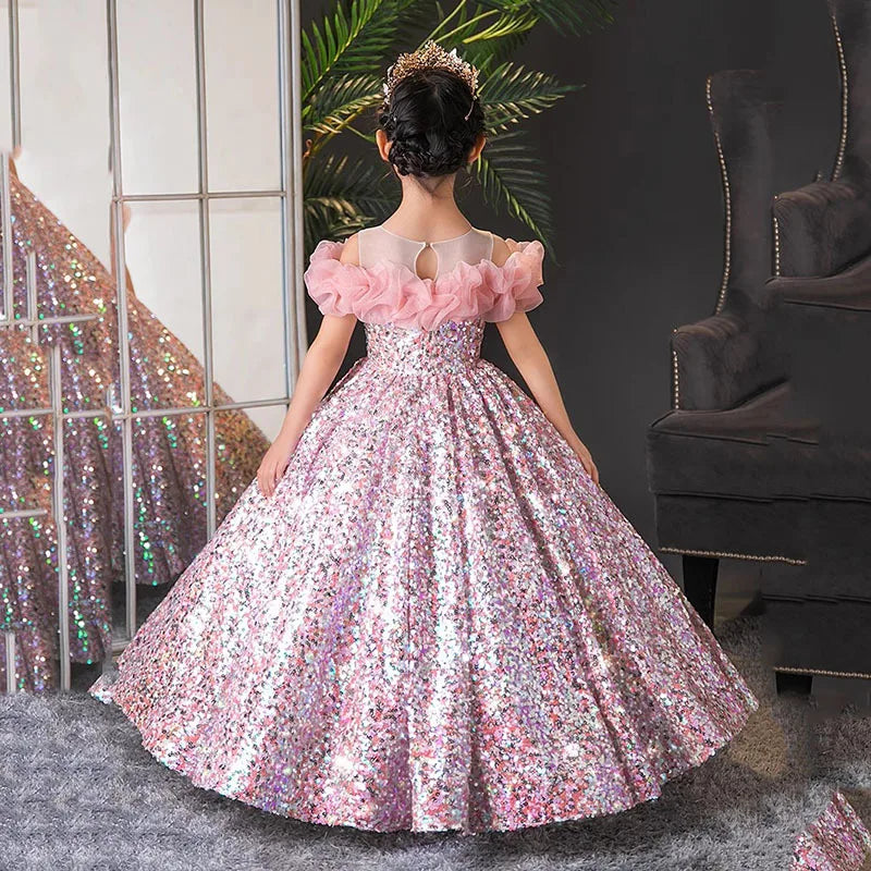 Round Neck Long Sleeve Ball Gown with Ruffles for Flower Girl Parties
