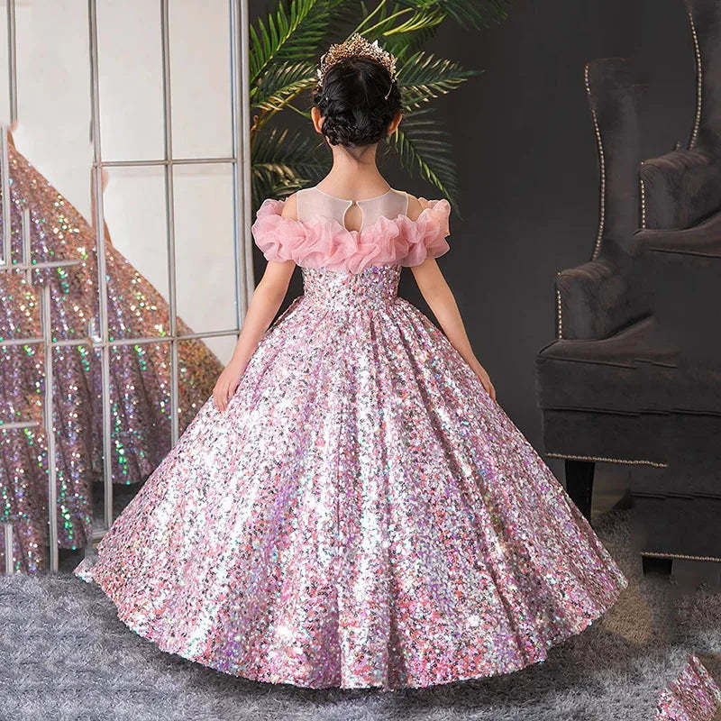 Round Neck Long Sleeve Ball Gown with Ruffles for Flower Girl Parties