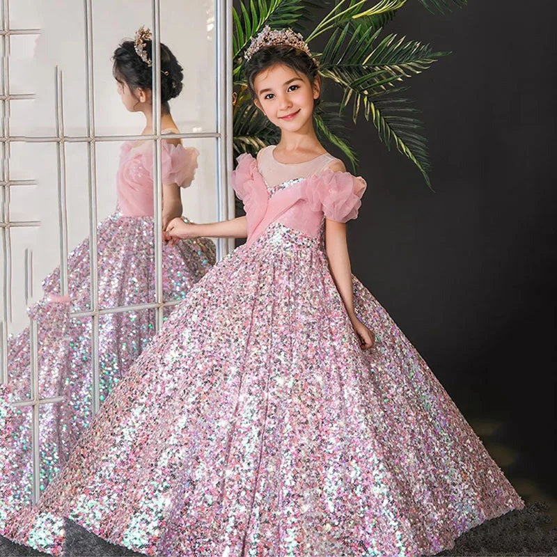 Round Neck Long Sleeve Ball Gown with Ruffles for Flower Girl Parties