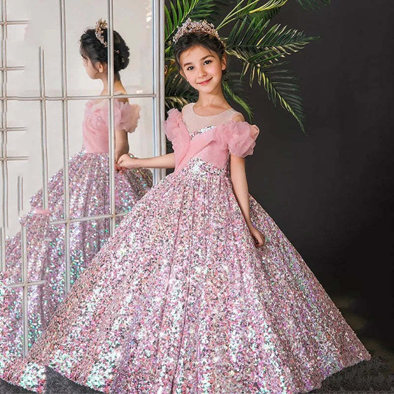 Round Neck Long Sleeve Ball Gown with Ruffles for Flower Girl Parties