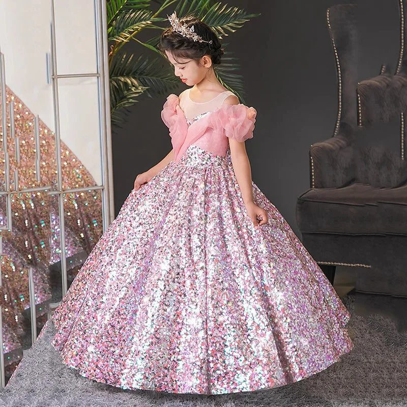 Round Neck Long Sleeve Ball Gown with Ruffles for Flower Girl Parties